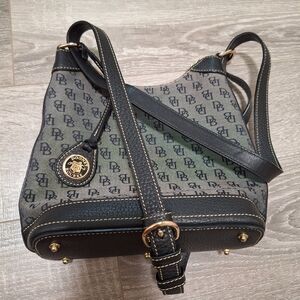 Dooney and Bourke canvas and leather bucket small crossbody navy blue